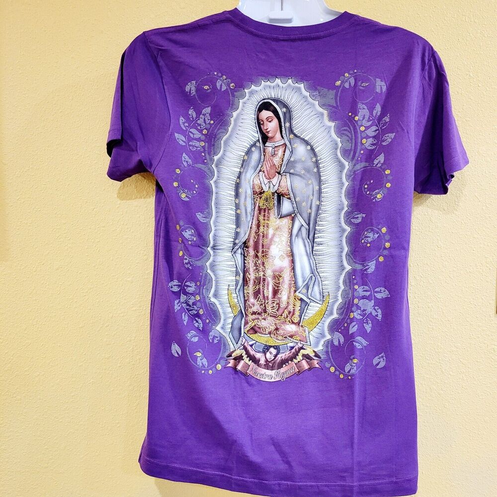 VIRGEN DE GUADALUPE T-SHIRT-size Medium Purple Gold Glitter graphic print Tshirt